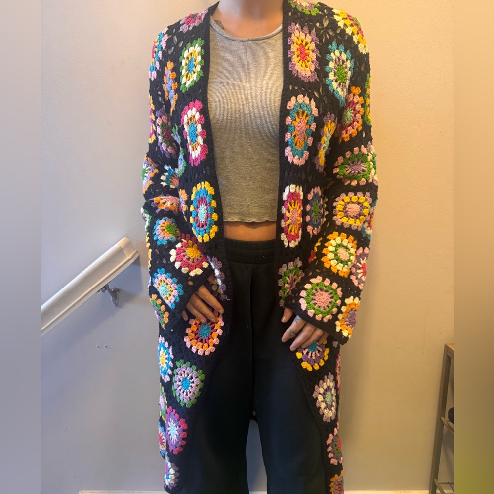 Colorful Floral Patch Hand-Crochet Cardigan